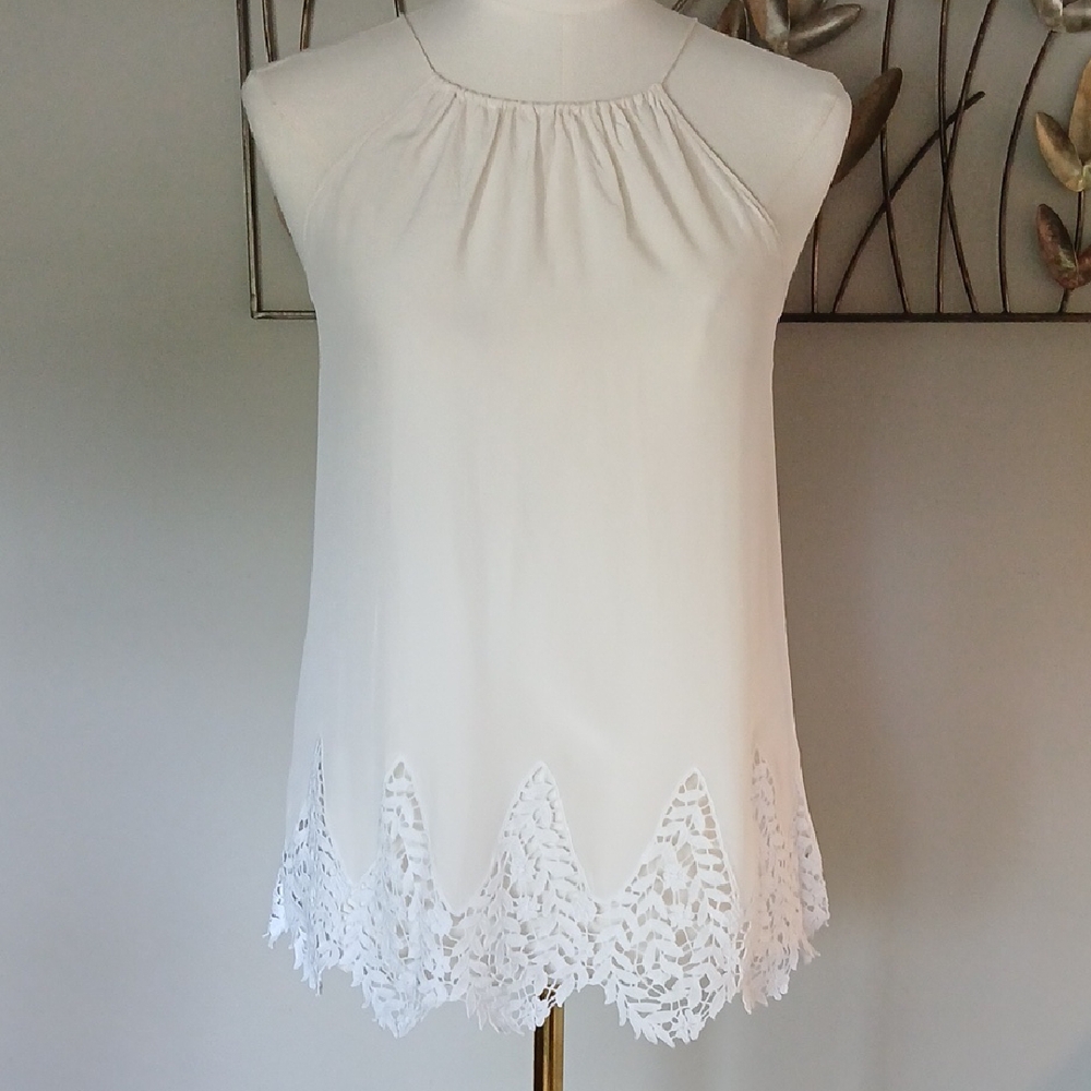 Lilly Pulitzer Creamy White Sleeveless 100% Silk Top With Lace Hem | Sz XS
